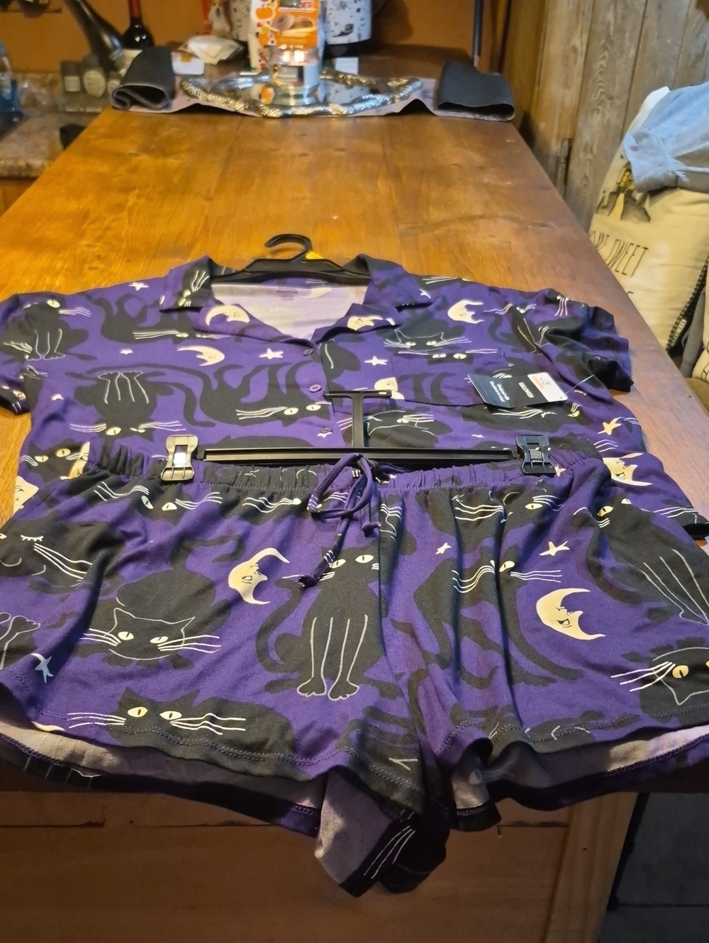 Purple Cat-Print Pajama Top & Shorts Set